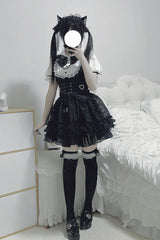 Black/White [Dream Night Song] Short Sleeves Stripe Print Bowknot Lace Gothic Jirai Kei Dress - Product - 5