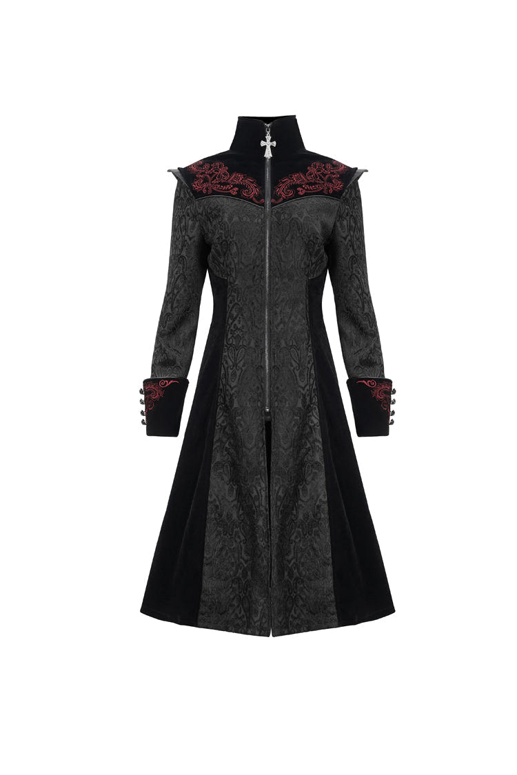 Black Jacquard Studded Mushroom Buckle Metal Cross Embroidered Women's Gothic Coat - Product - 8