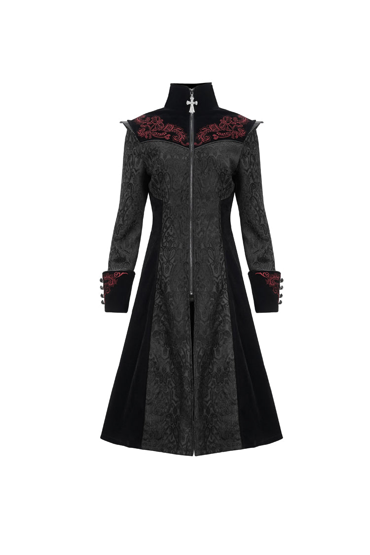 Black Jacquard Studded Mushroom Buckle Metal Cross Embroidered Women's Gothic Coat - Product - 8