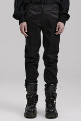 Black Leather Stitching Slim Front Zipper Men's Gothic Pants - Black - 1