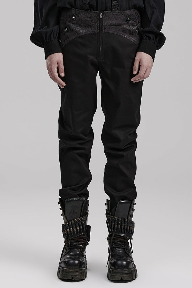 Black Leather Stitching Slim Front Zipper Men's Gothic Pants - Black - 1