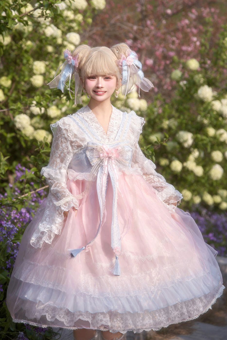 [Peach Blossoms in Spring Fields] Sleeveless Ruffle Bowknot Lace Sweet Chinese Style Lolita Jsk Dress 3 Colors - Pink - 8