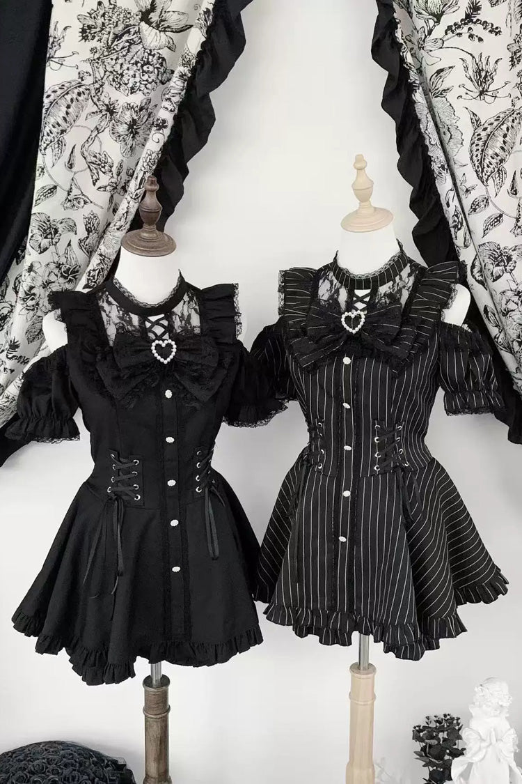 [Silver Candle Elegy”] Short Sleeves Printed Ruffled Cut-Out Bow Gothic Jirai Kei Top and Shorts Set 2 Colors - Product - 3