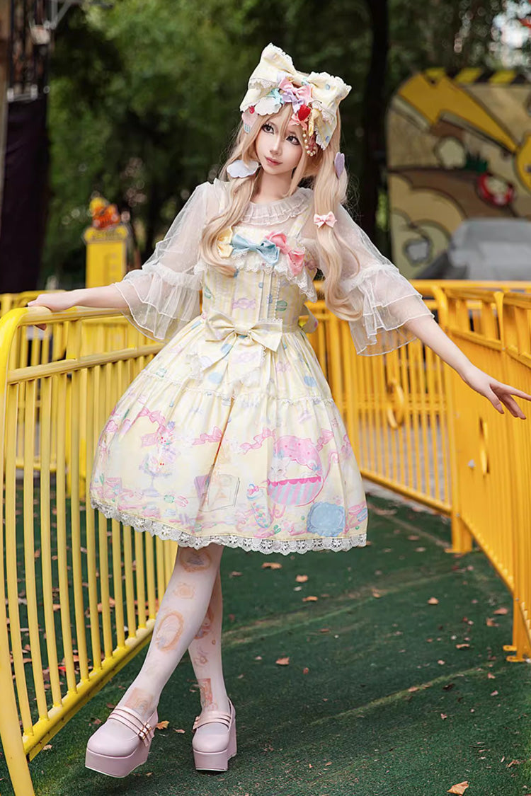 Yellow [Macaron Dolly House] Sleeveless Print Bowknot Sweet Lolita Jsk Dress - Product - 4