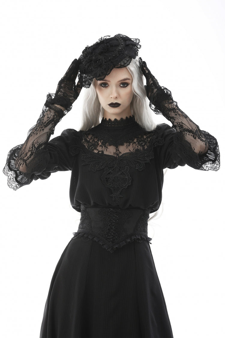 Black Ruffled Floral Embroidered Lace-Up Women's Gothic Corset - Black - 1