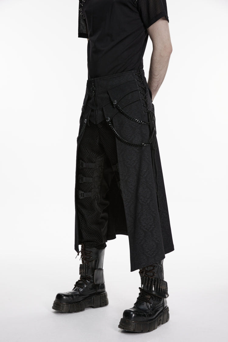 Black Printed Lace-Up Zippered Chain-Decorated Men's Punk Skirt - Product - 5