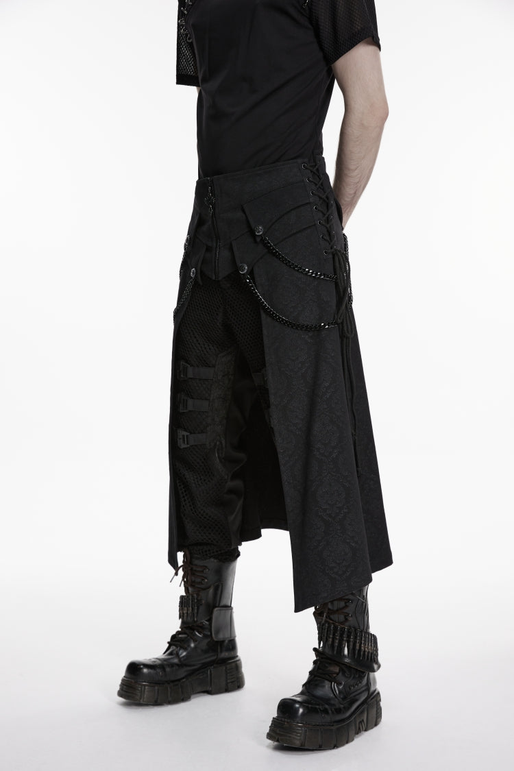 Black Printed Lace-Up Zippered Chain-Decorated Men's Punk Skirt - Product - 5