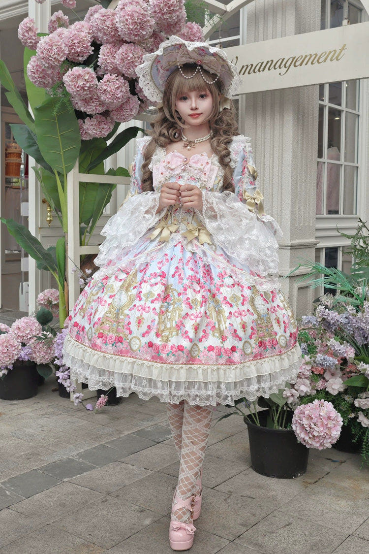 Blue/Pink [Rose Garden Prelude] Square Collar Long Trumpet Sleeves Printed Ruffled Bow Lace Lace-Up Sweet Lolita Dress - Blue/Pink - 1
