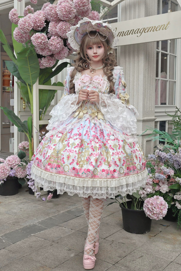 Blue/Pink [Rose Garden Prelude] Square Collar Long Trumpet Sleeves Printed Ruffled Bow Lace Lace-Up Sweet Lolita Dress - Blue/Pink - 1