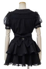Japanese Lapel Collar Short Sleeves Ruffled Embroidered Bow Lace Plus Size Sweet Jirai Kei Skirt Set 3 Colors - Product - 3