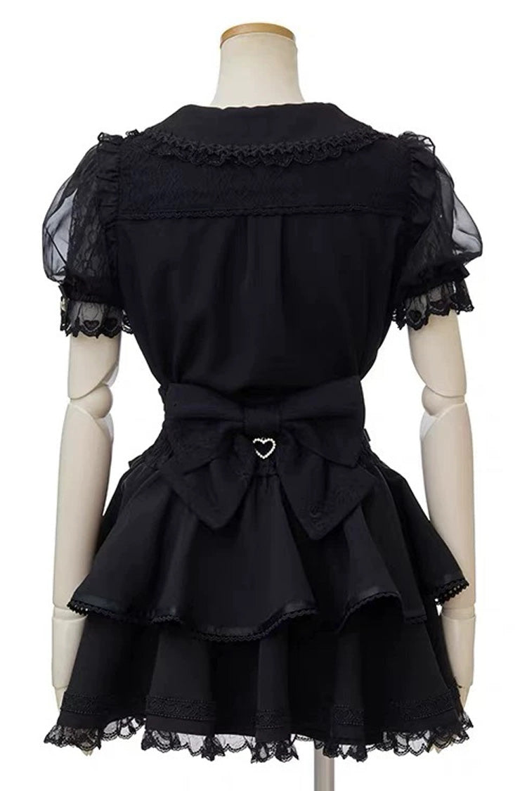 Japanese Lapel Collar Short Sleeves Ruffled Embroidered Bow Lace Plus Size Sweet Jirai Kei Skirt Set 3 Colors - Product - 3