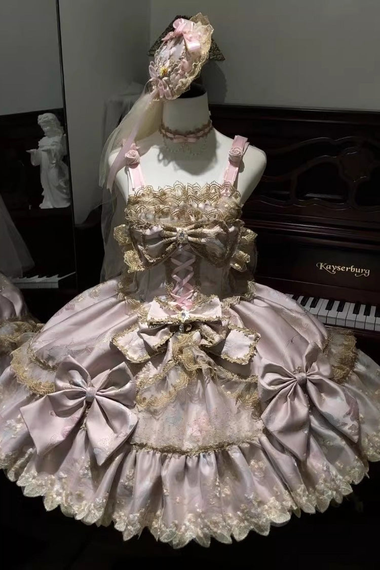 Sweet Sleeveless Ruffled Foil-Stamped Embroidered Open-Front Bow Lace Gorgeous Lolita Jsk Dress 4 Colors - Pink - 1