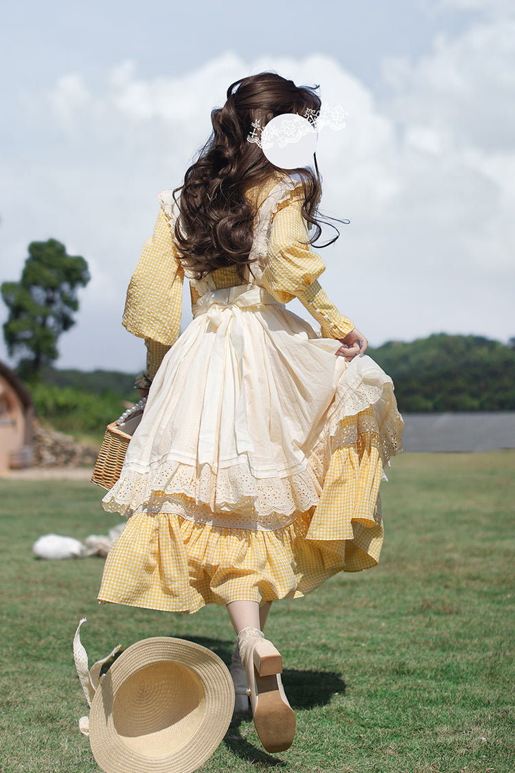 Yellow Long Sleeves Print Ruffle Lace-Up Sweet Elegant Lolita Dress - Product - 12