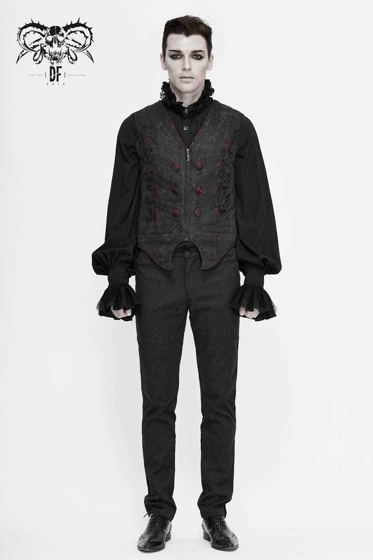 Black Dark Jacquard Chest Plate Buttons Back Lace Up Men's Gothic Waistcoat - Product - 4