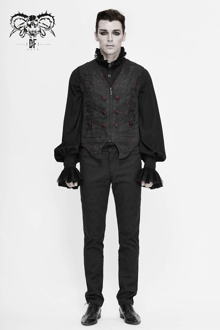 Black Dark Jacquard Chest Plate Buttons Back Lace Up Men's Gothic Waistcoat - Product - 4