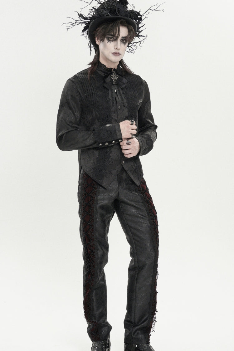Black Stand Collar Long Sleeves Jacquard Embroidered Bow Lace Men's Gothic Palace Shirt - Product - 11