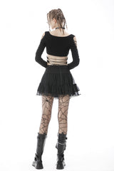 Black Long Sleeves Irregular Strappy Bat Women's Punk Crop Top - Product - 4