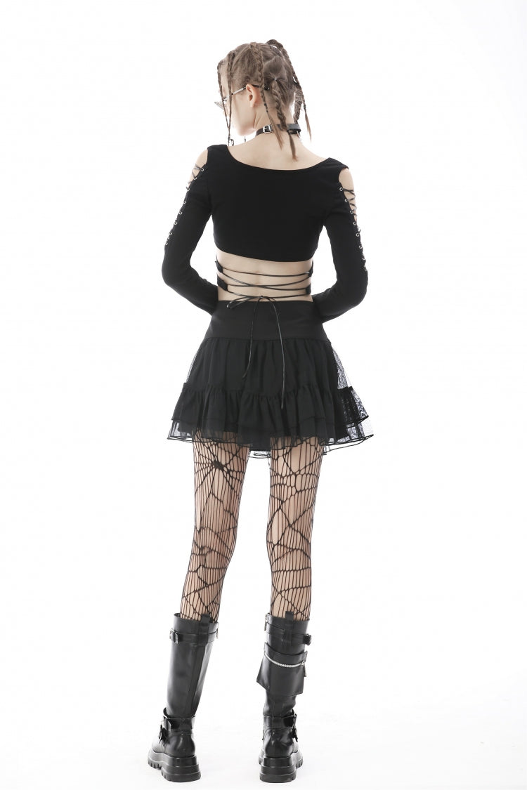 Black Long Sleeves Irregular Strappy Bat Women's Punk Crop Top - Product - 4