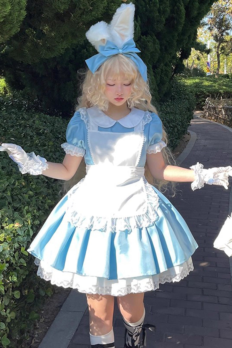 Gothic Maid Lapel Collar Ruffle Lace Plus Size Lolita Dress 2 Colors and 2 Versions - Blue - 2