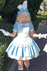 Gothic Maid Lapel Collar Ruffle Lace Plus Size Lolita Dress 2 Colors and 2 Versions - Blue - 2