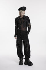Black Stand Collar Long Sleeves Spliced Lace-Up Mesh Studded Buckled Eyelet Men's Punk Jacket - Product - 5