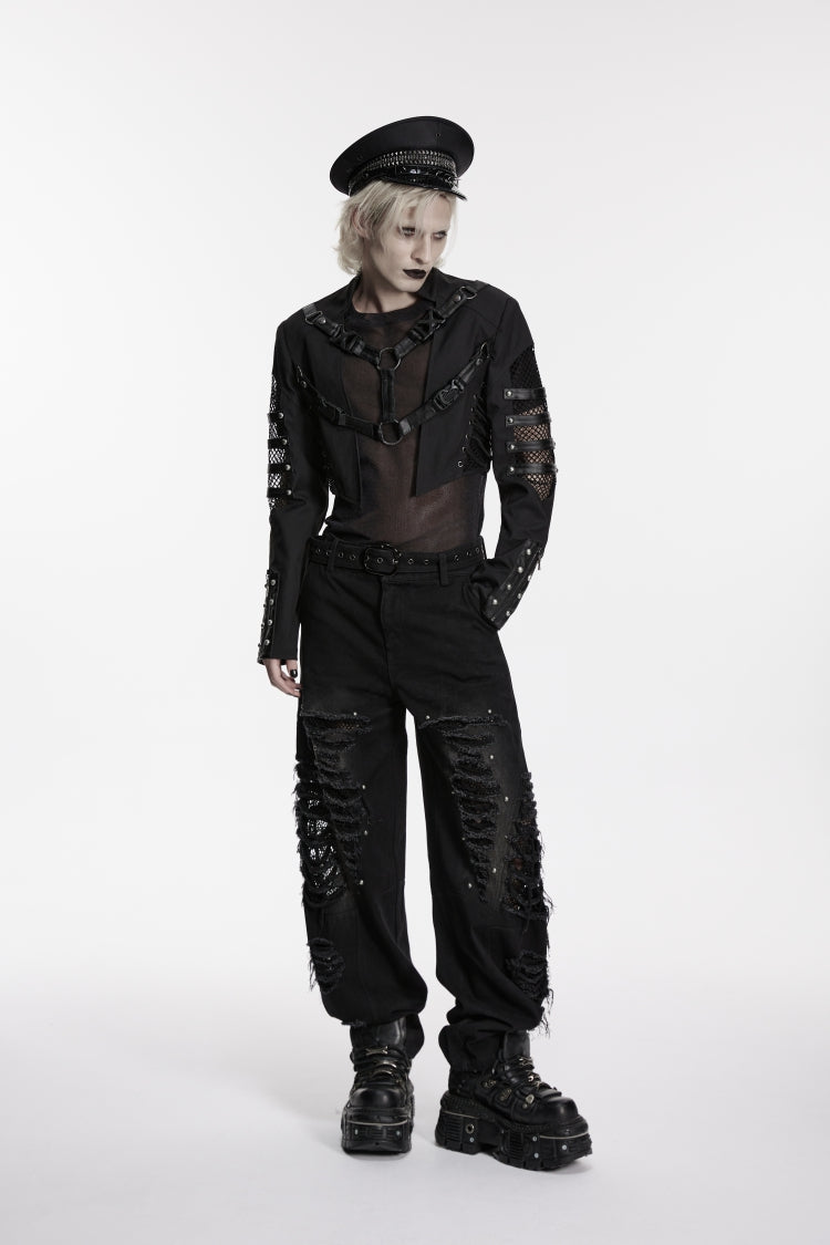 Black Stand Collar Long Sleeves Spliced Lace-Up Mesh Studded Buckled Eyelet Men's Punk Jacket - Product - 5