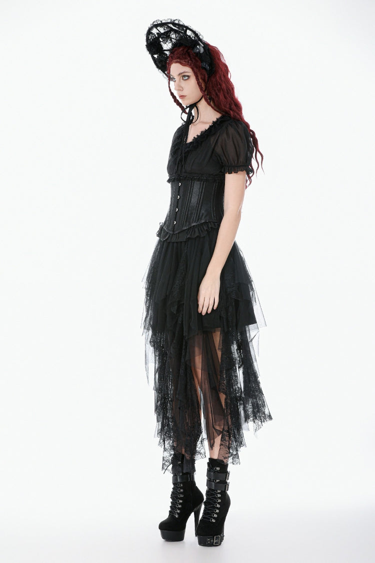 Black Solid Color Sleeveless Lace Lace-Up Women's Punk Underbust Corset - Product - 9