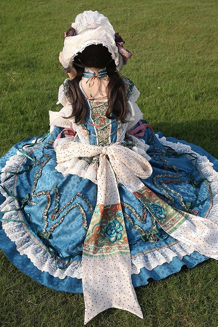 Blue [Lake Monet] Sleeveless High Waisted Print Ruffle Cardigan Bowknot Lace-Up Classic Vintage Elegant Princess Lolita Jsk Dress - Product - 5