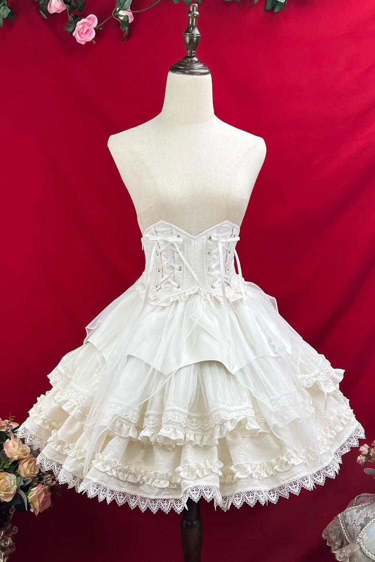White [The Angel of Good and Evil] Multi-Layered Ruffled Lace Sweet Elegant Lolita Skirt (Corset Belt Included) - Product - 3