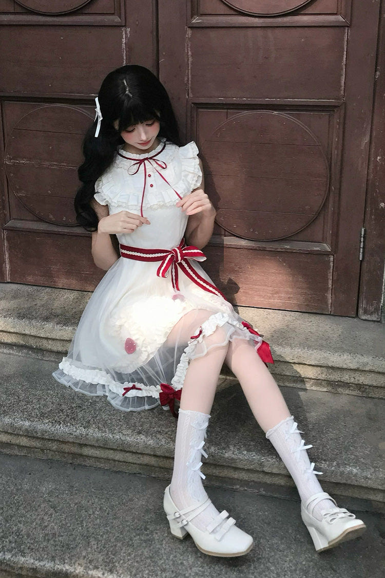 Ivory [Strawberry Mousse Cake] Stand Collar Sleeveless Mesh Ruffled Bow Lace Sweet Lolita Dress - Product - 4