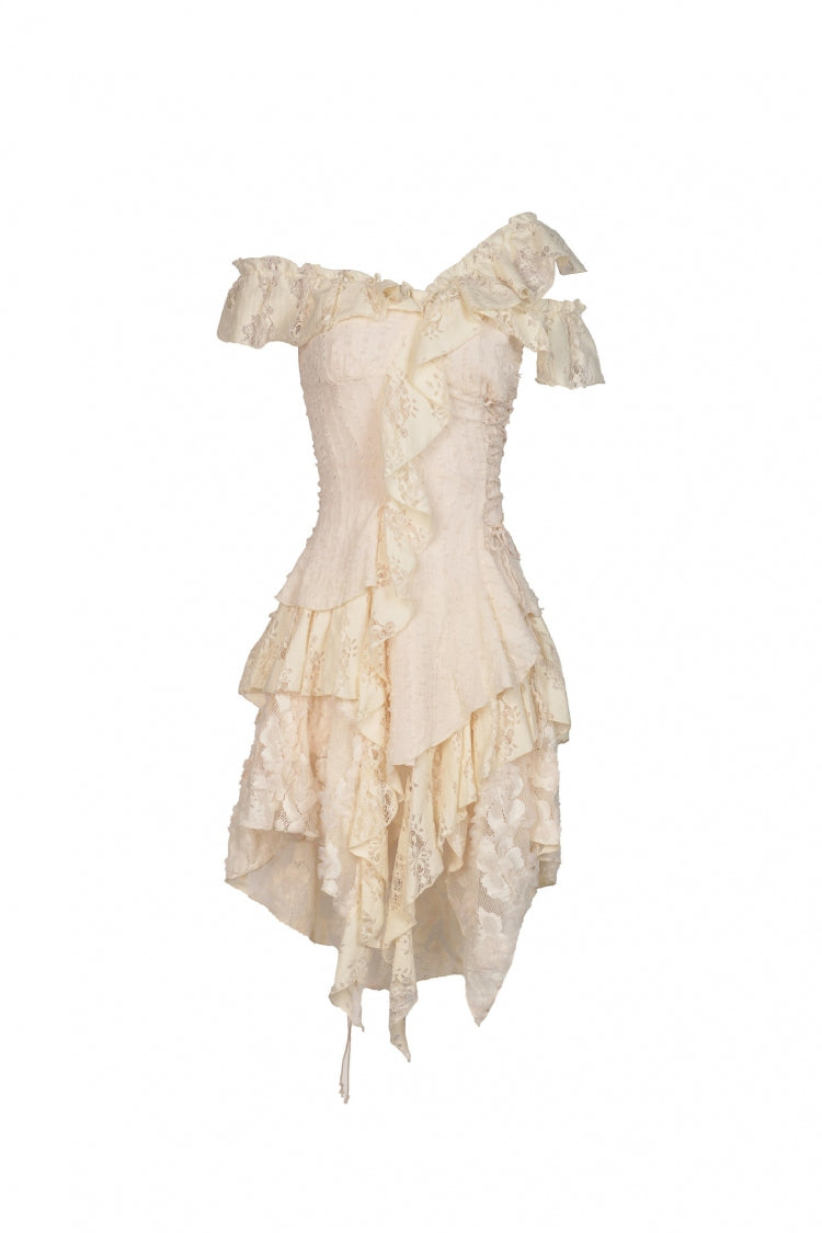 Beige Irregular Multi-Layered Ruffled Lace Women's Steampunk Vintage Dress - Product - 3