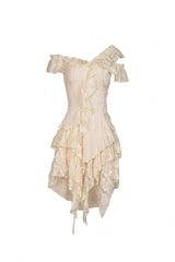 Beige Irregular Multi-Layered Ruffled Lace Women's Steampunk Vintage Dress - Product - 3