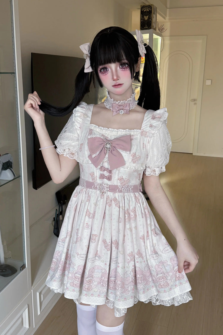 Pink [Teddy Bear Party] Square Collar Short Sleeves Printed Ruffled Bow Lace Sweet Jirai Kei Japanese Dress - Product - 8