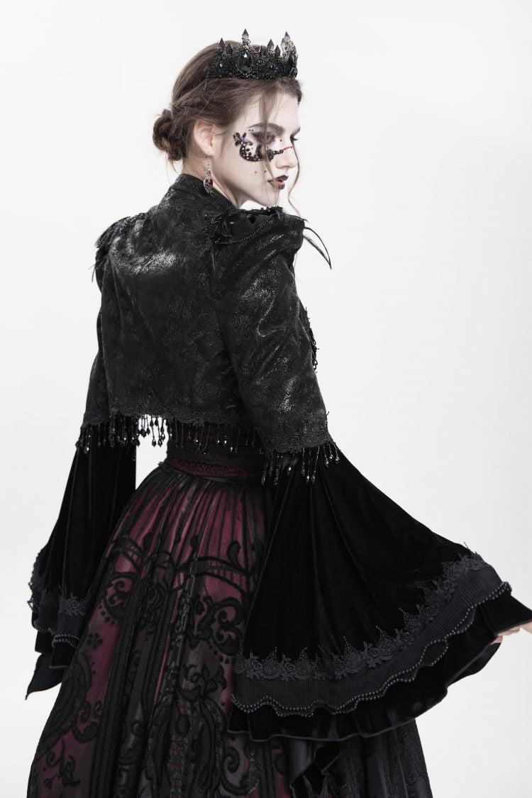 Black Long Sleeves Floral Embroidery Women's Gothic Beaded Frog Short Jacket - Product - 13