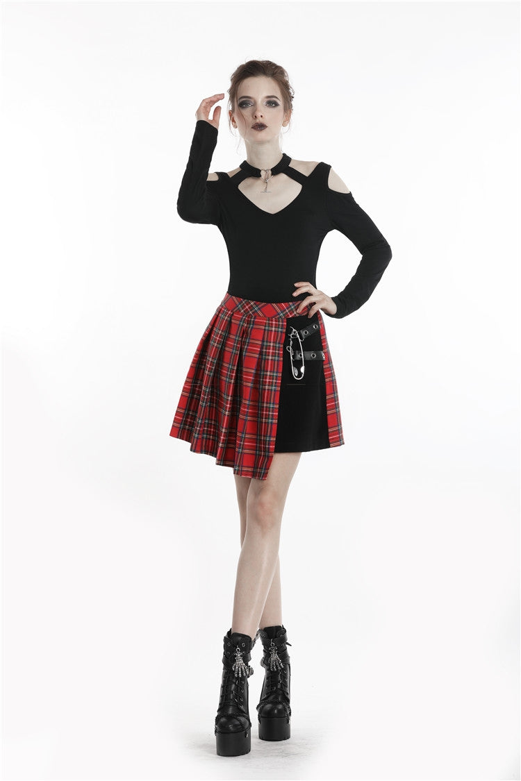 Red Irregular Plaid Pleated Women's Punk Hem Skirt - Product - 10