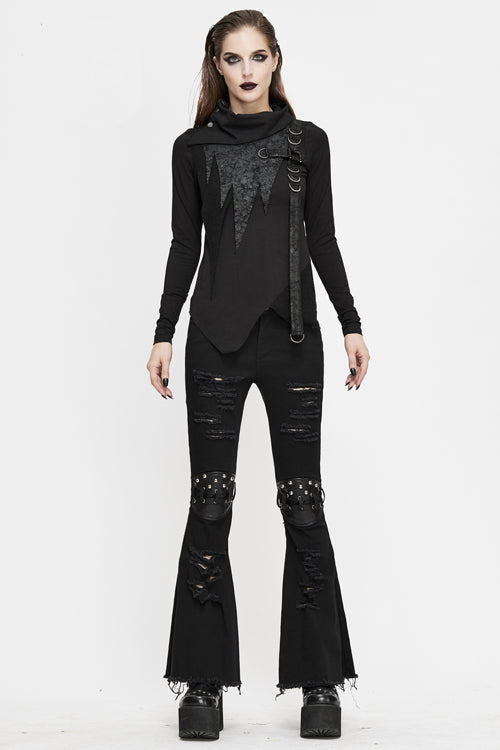 Black Punk Nailed Knee Cutoff Bellbottomed Womens Pants - Product - 4