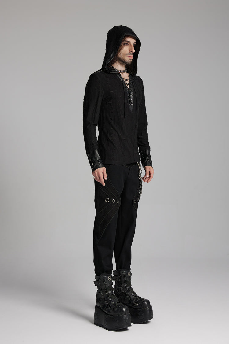 Black Long Sleeves Lace-Up Hooded Studs Eyelets Men's Punk T-Shirt - Product - 2
