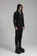Black Long Sleeves Lace-Up Hooded Studs Eyelets Men's Punk T-Shirt - Product - 2