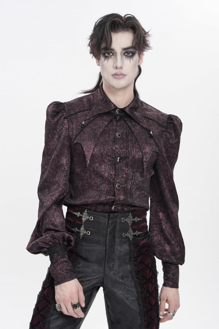 Red Lapel Collar Long Lantern Sleeves Jacquard Bow Men's Gothic Shirt - Product - 15