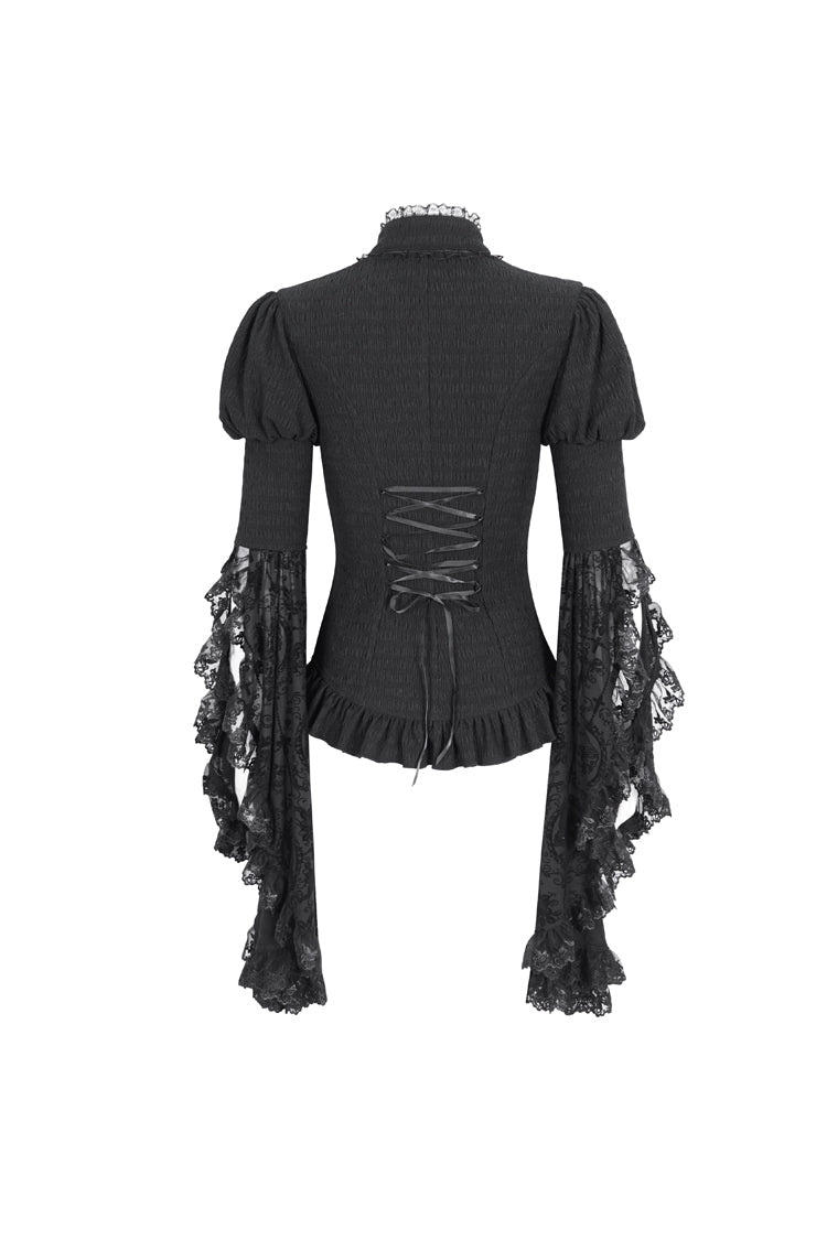 Black Stand Collar Trumpet Sleeves Ruffle Embroidery Lace Women's Gothic Blouse - Product - 7