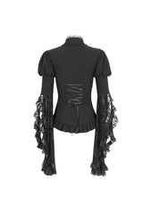 Black Stand Collar Trumpet Sleeves Ruffle Embroidery Lace Women's Gothic Blouse - Product - 7