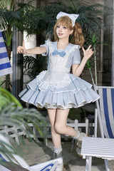 Blue [Seven Day Bell] Navy Collar Short Sleeves Printed Ruffled Bow Sweet Lolita Dress 2 Versions - Product - 11