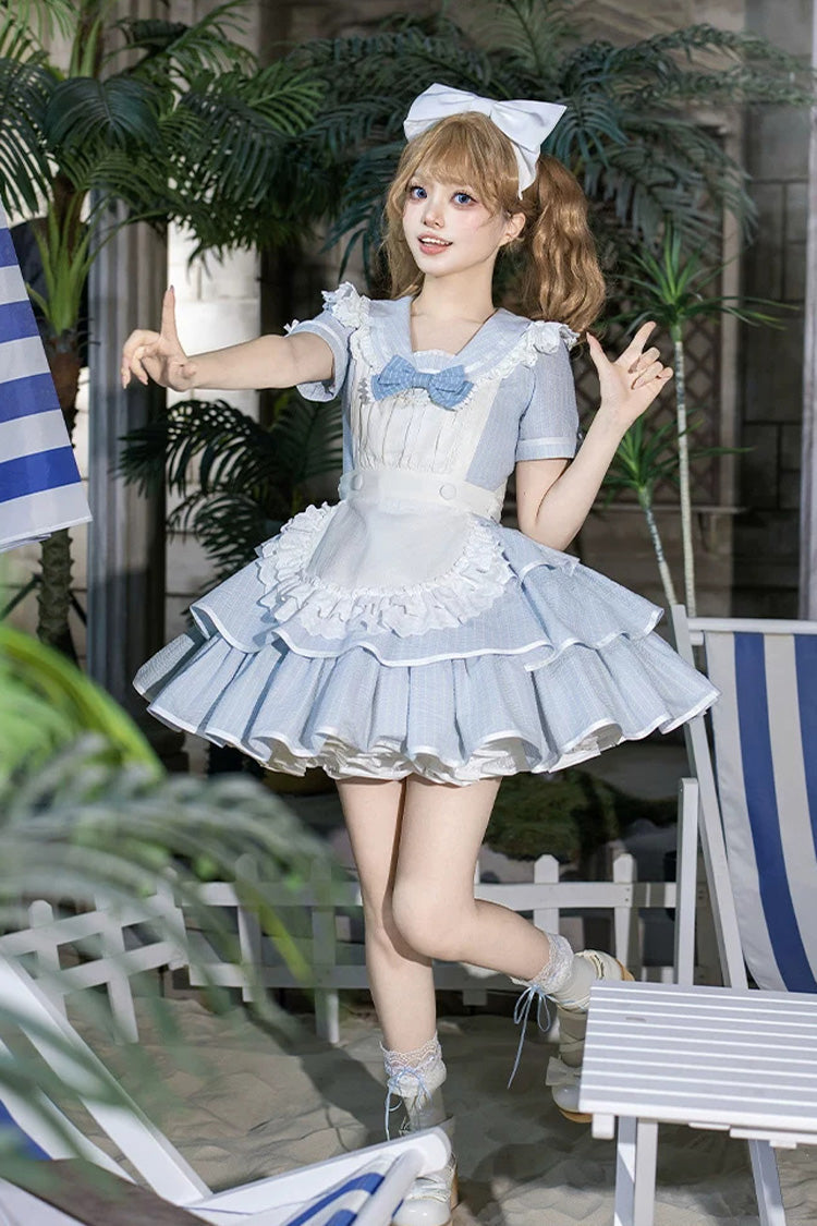 Blue [Seven Day Bell] Navy Collar Short Sleeves Printed Ruffled Bow Sweet Lolita Dress 2 Versions - Product - 11