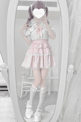 White/Pink Short Sleeves Triple-Layered Ruffle Bowknot Lace Jirai Kei Japanese Skirt Set - Product - 8