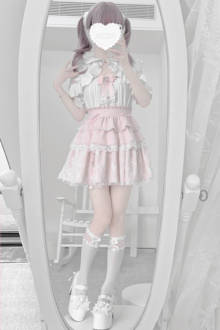 White/Pink Short Sleeves Triple-Layered Ruffle Bowknot Lace Jirai Kei Japanese Skirt Set - Product - 8