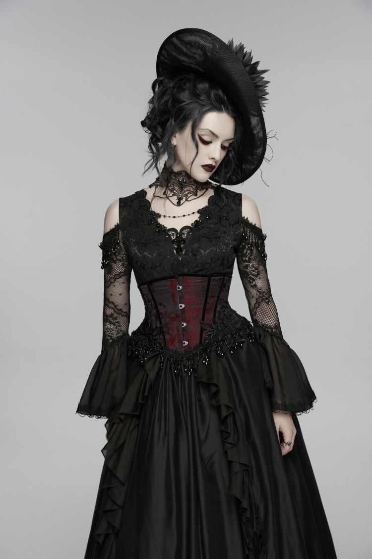 Black/Red Jacquard Lace-Up Slim Women's Gothic Tassels Corset - Product - 3