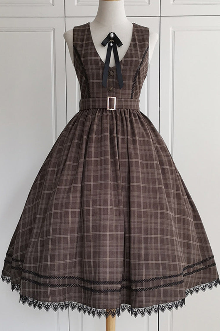 Brown [Poem of Greina] V Collar Sleeveless High Waisted Printed Classic Elegant Lolita Jsk Dress - Product - 5