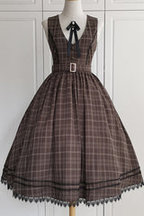Brown [Poem of Greina] V Collar Sleeveless High Waisted Printed Classic Elegant Lolita Jsk Dress - Product - 5