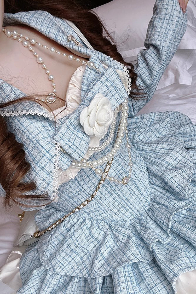 Camellia Blue Miss Plaid Print Ruffle Bowknot Sweet Lolita Dress - Product - 4