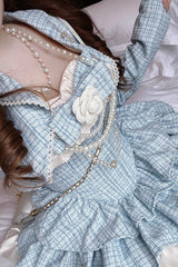 Camellia Blue Miss Plaid Print Ruffle Bowknot Sweet Lolita Dress - Product - 4